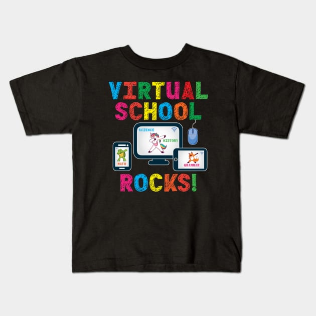 Virtual School Rocks Dabbing Unicorn Turtle Fox On Devices Kids T-Shirt by Rosemarie Guieb Designs